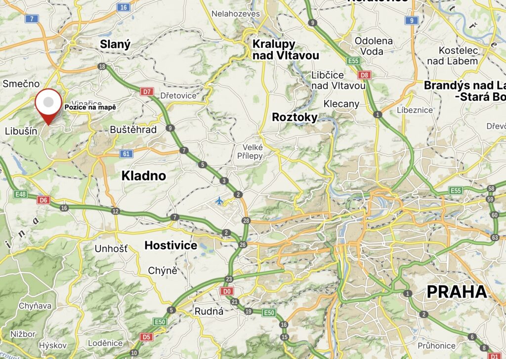 Mapa středočeského kraje s vyznačením polohy závodu